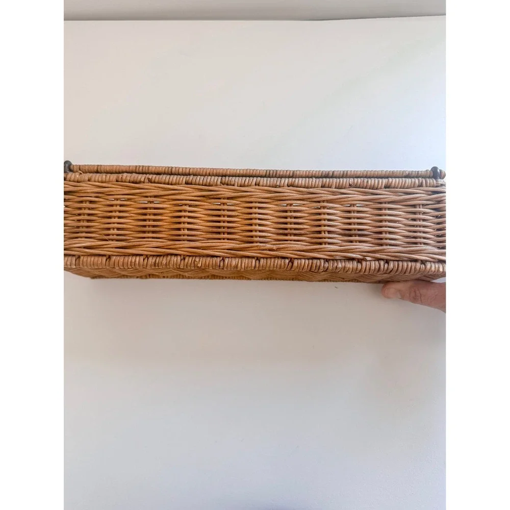 Vintage Woven Wicker Lidded Storage Box Bamboo Handle Rattan Organizer 14